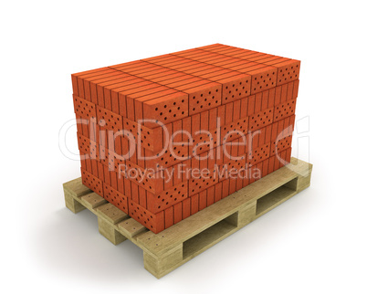 Stack of orange bricks on pallet, isolated on white, diagonal vi