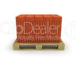 Stack of orange bricks on pallet, isolated on white