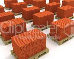 Lot of stacks of orange bricks with pallets isolated