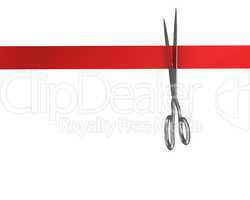 Scissors cut the red ribbon, top view