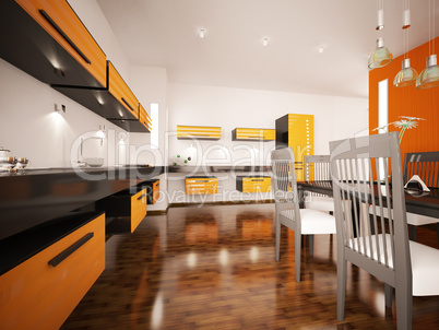 Modern orange kitchen interior 3d render