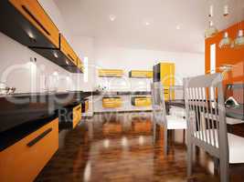 Modern orange kitchen interior 3d render