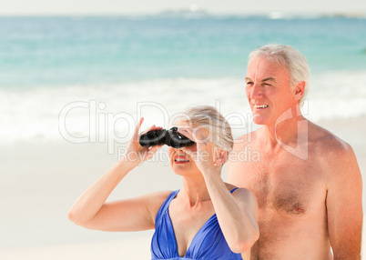Elderly couple bird watching at the beach