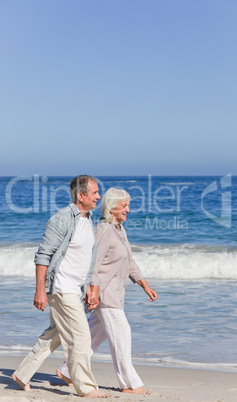 Elderly couple walking on the beach