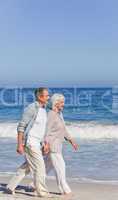 Elderly couple walking on the beach