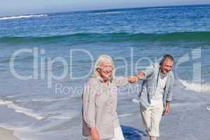 Elderly couple walking on the beach