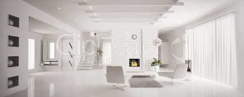 White apartment interior panorama 3d render