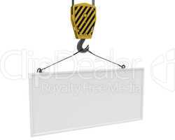 Yellow crane hook lifting white blank plane for text