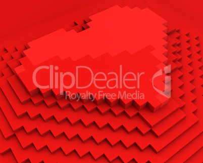 Pyramid with heart on top made of red cubic pixels, diagonal clo