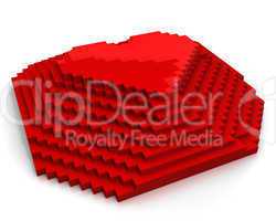 Pyramid with heart on top made of red cubic pixels,diagonal view