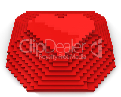 Pyramid with heart on top made of red cubic pixels, front view