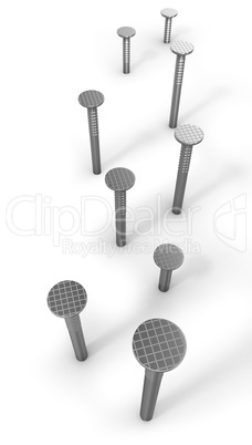Path of hammered nails isolated on white