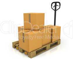 Stack of carton boxes on a pallet with a pallet truck