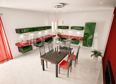 Interior of modern kitchen top view 3d render
