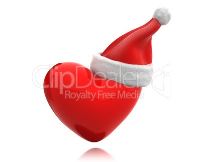 Red shiny heart with santa hat isolated