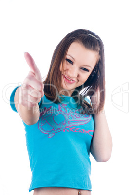 Girl showing thumb up gesture