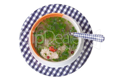 Soup with chicken and vegetables (parsley, pepper, dill)
