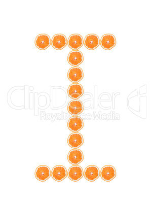 Letter "I" from orange slices isolated on white