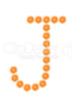 Letter "J" from orange slices isolated on white