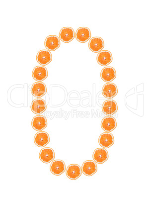Number "0" from orange slices isolated on white