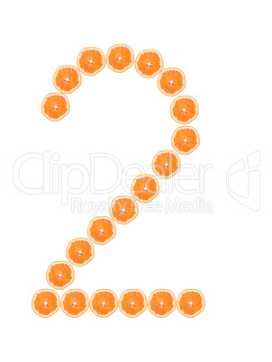 Number "2" from orange slices isolated on white