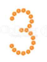 Number "3" from orange slices isolated on white
