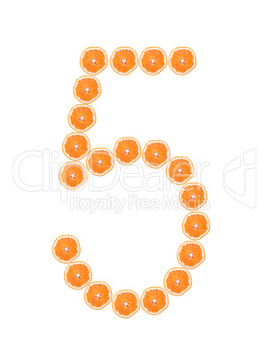Number "5" from orange slices isolated on white