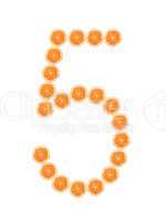 Number "5" from orange slices isolated on white