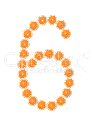 Number "6" from orange slices isolated on white