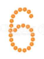 Number "6" from orange slices isolated on white