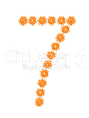 Number "7" from orange slices isolated on white