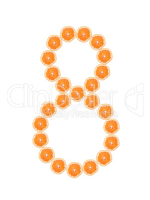 Number "8" from orange slices isolated on white