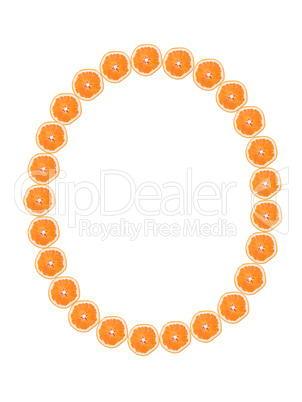 Letter "O" from orange slices isolated on white