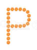 Letter "P" from orange slices isolated on white