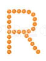 Letter "R" from orange slices isolated on white