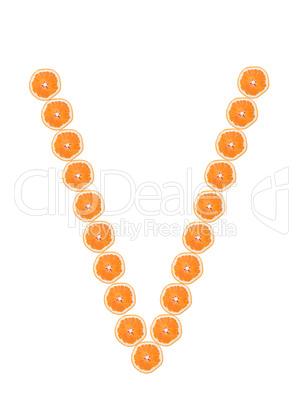 Letter "V" from orange slices isolated on white