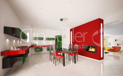 Interior of modern kitchen with fireplace 3d render