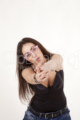 Pretty young girl in black corset with glasses