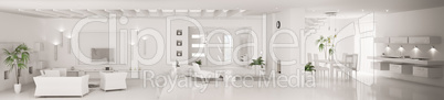 White interior of modern apartment panorama 3d render