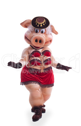 Pig mascot costume dance striptease in hat