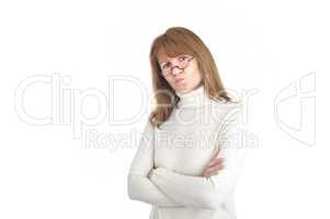 Woman with reading glasses looking doubtfully