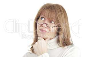 Casual female looking away with a thought - white background