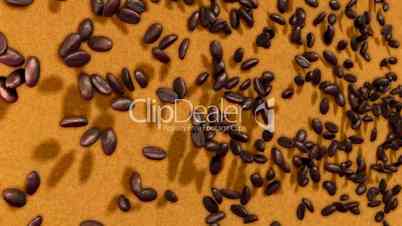 Coffee beans falling down over sacking background