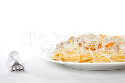 Spaghetti with meat and carrrot on dish isolated on white, cropp