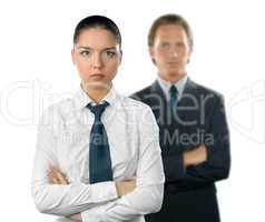 Businesswoman and man on white background