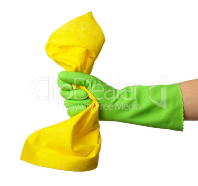 Hand in rubber glove holds cleaning rag