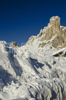 Snowy Landscape of Dolomites Mountains during Winter