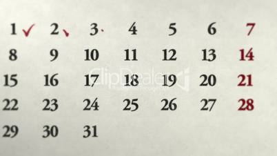 Kalendertage werden rot abgehakt von Tag zu Tag