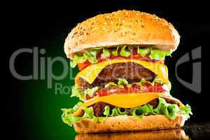 Tasty and appetizing hamburger on a darkly green