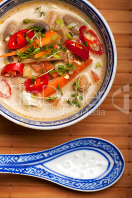 Tom Kha Gai Suppe mit Hühnerfleisch und Chili